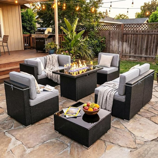 8 Pieces Patio Furniture Set with 44" Propane Gas Fire Pit Table, Outdoor Sectional Wicker Conversation Sofa Sets with Coffee Table