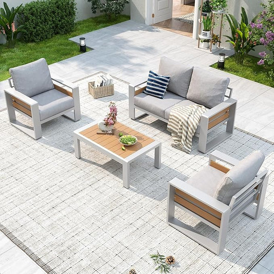 Aoxun Aluminum Patio Furniture Set, 4 Piece Luxury Outdoor Sectional with 6" Olefin Fabric Cushions, Patio Conversation Sets with Coffee Table and Waterproof Cover for Backyard, Porch Grey
