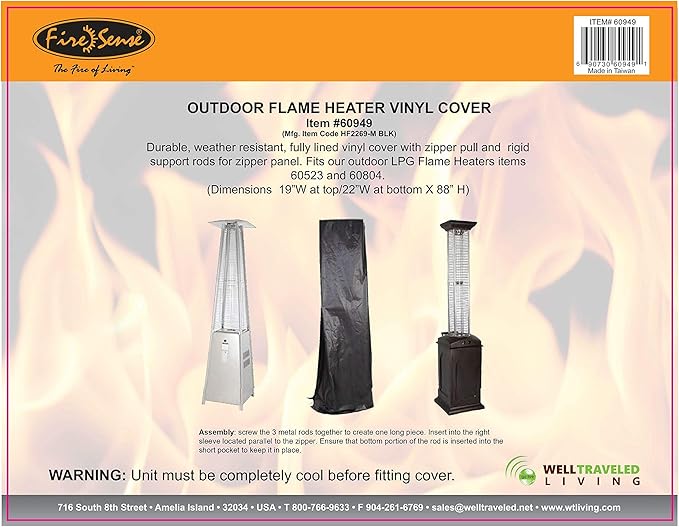 Fire Sense 60949 Vinyl Cover Full Length Outdoor For Patio Heaters With Square Reflectors Heavy Duty 10 Gauge Felt Lined Waterproof Weather Resistant With Zipper - Square Patio Heater