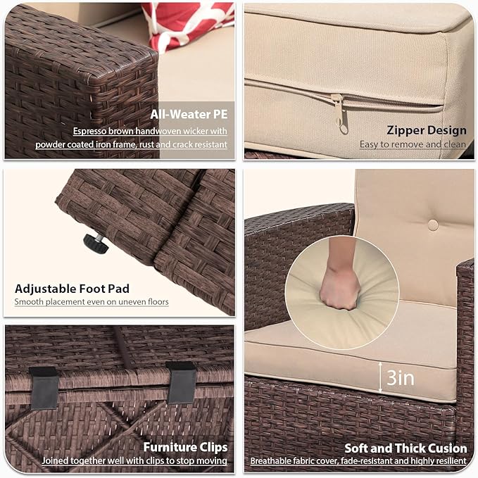JOIVI 8 Pieces Rattan Patio Furniture Set with 45” Fire Pit Table, Outdoor Conversation Set with 50000 BTU Gas Fire Pit, Wicker Sectional Sofa with Storage Box and Cushions, Beige (Without Table)