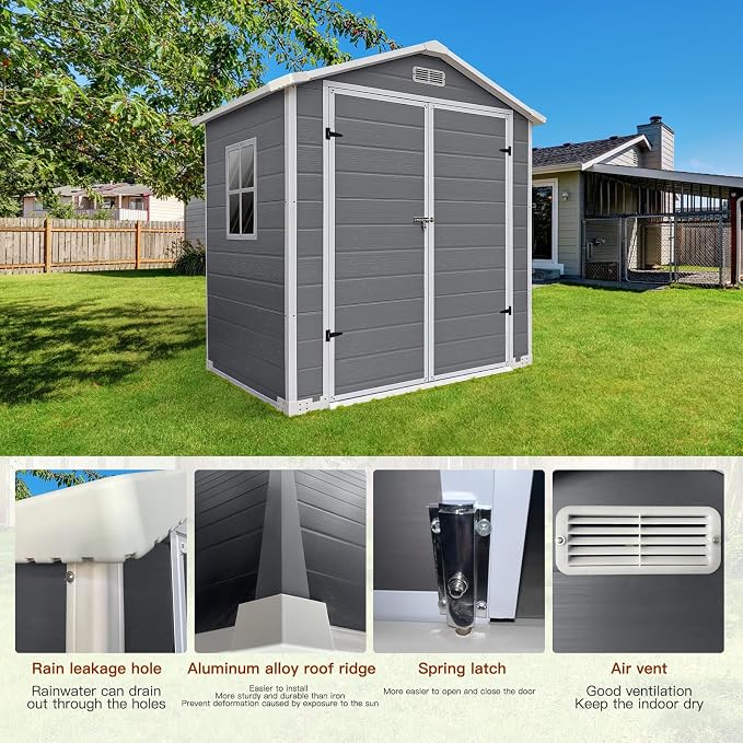 YOPTO 6x4 FT Plastic Storage Shed,Outdoor Storage Shed with Floor and Lockable Door,Waterproof Garden Shed W/Windows & Vents,Sloped Roof,Tool House for Storing Bicycles,Lawnmowers,Gray - Image 4