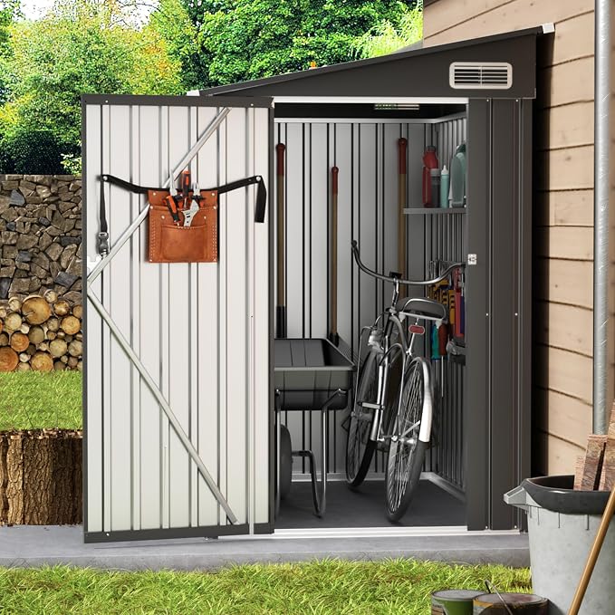 4x6 Lean to Yard Storage Shed, Outdoor Lean to Storage Sheds, Metal Wall Side Bike Shed with Lockable Door for Garden, Backyard, Patio, Lawn (Black, 4x6FT) - Image 7