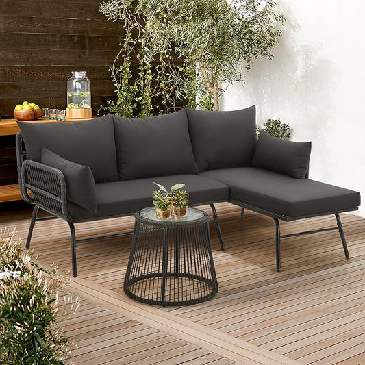 Bezseller 3-Piece Outdoor Patio Furniture Set, L-Shaped Rattan Sectional Sofa with Thick Cushions, Glass Coffee Table – All-Weather Conversation Set for Backyard, Porch, Poolside