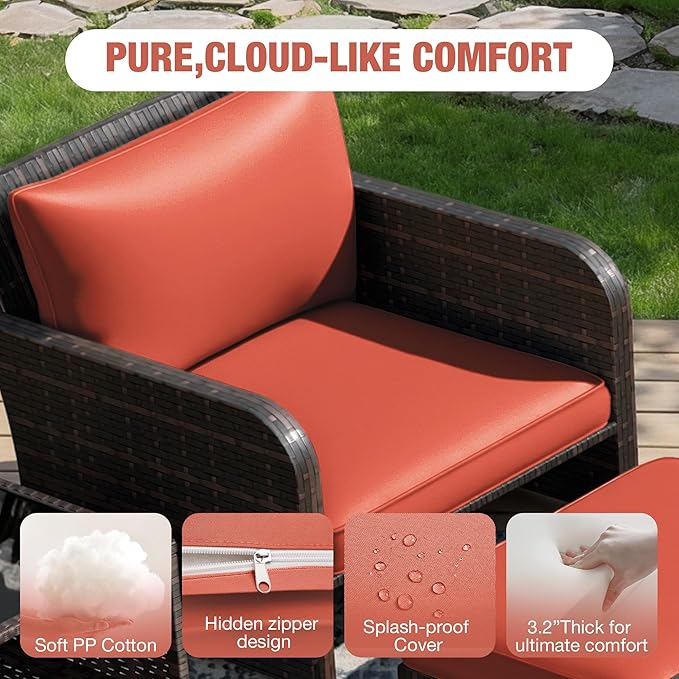 LEVELEVE Patio Conversation Set 5 Piece, Balcony Furniture Outdoor PE Rattan Wicker Lounge Chairs with Soft Cushions, 2 Ottomans & Glass Table for Porch Lawn, Brown (Orange Red Cushions