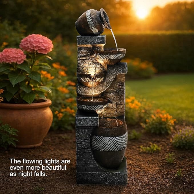 Naturefalls 42.5" Tall Outdoor Water Fountain and Waterfalls - Large Garden Fountain with LED Lights, 5-Tier Cascading, Indoor and Outdoor Fountains for Garden, Patio, Deck, Porch, Backyard and Home