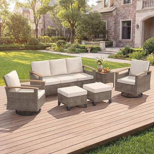 MELLCOM 6 Piece Patio Furniture Set, Wicker Patio Conversation Set with Swivel Glider Chair and 3-Seater Sofa and 2 Ottomans and Side Table for Deck Backyard