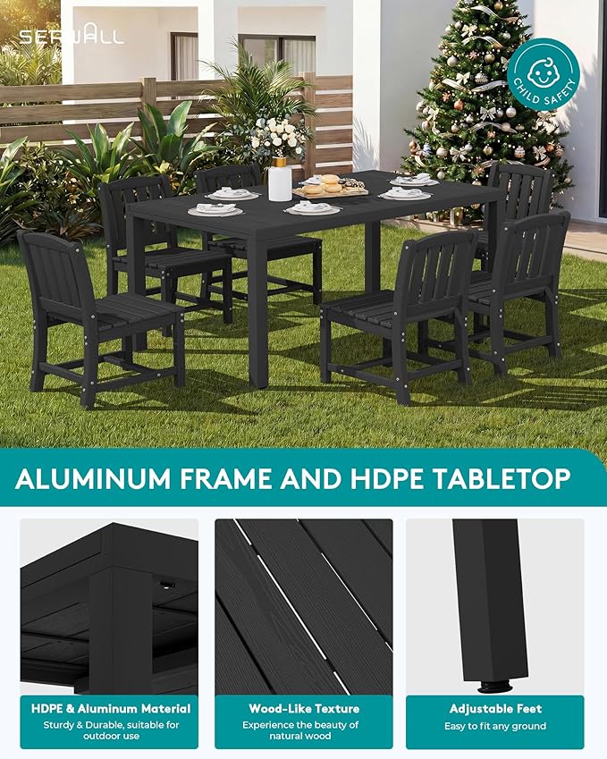 SERWALL 10-Piece Patio Dining Sets with 15FT Patio Umbrella, 60" - 83" Expandable Outdoor Dining Table and 8 HDPE Chairs, Aluminum Frame Table with HDPE Tabletop, Black (Umbreall Base not Included) - Image 3