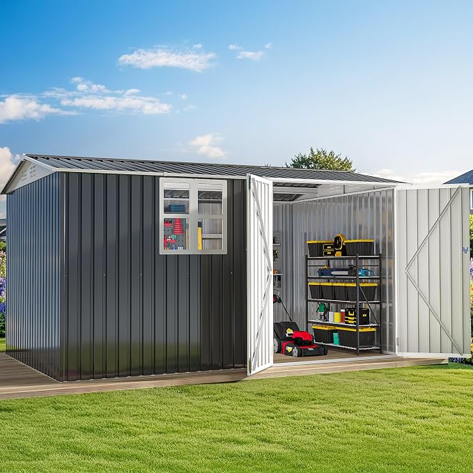 DWVO 12x8ft Large Tool Storage Shed with Window, Lockable Doors, and Sloped Roof, Oversized Steel Outdoor Storage Shed for Garden, Patio, Garage, Backyard, Lawn(Gray + White) - Image 3
