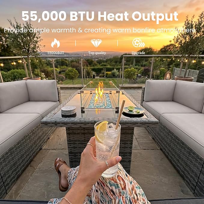 8 Pieces Patio Furniture Set with 44" Propane Gas Fire Pit Table, Outdoor Sectional Wicker Conversation Sofa Sets with Coffee Table