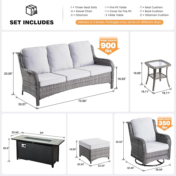 ovios 10-Piece Patio Furniture Set with Swivel Chairs Coffee Table, Outdoor Wicker Sofa with 54" Fire Pit Table, High Back Couch Modern Conversation Sets, Grey/Grey