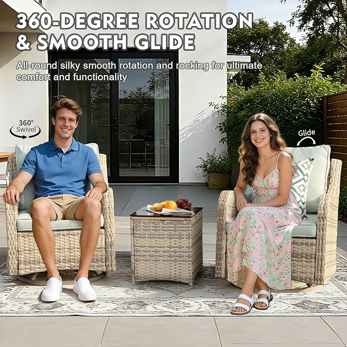 MEISSALIVVE 3 Pieces Patio Furniture Set with Swivel Chair, Outdoor Swivel Rocker with Washable Cushions & Tempered Glass Tabletop, Outdoor Rattan Conversation Set for Lawn Backyard Porch (Blue)
