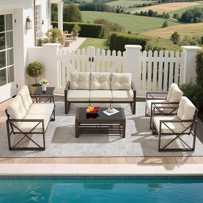 6 Pieces Outdoor Patio Furniture Set, Metal Porch Furniture Set, Outdoor Sectional Conversation Set w/Coffee Table & Side Table for for Poolside, Balcony, Yard, Beige