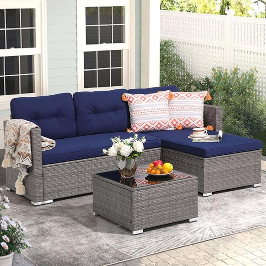 JOIVI Outdoor Patio Furniture Set, Wicker Conversation Set with Tempered Glass Coffee Table, All-Weather Rattan Furniture Small Sectional Sofa Set, L-Shaped Outdoor Seating with Cushions, Navy Blue