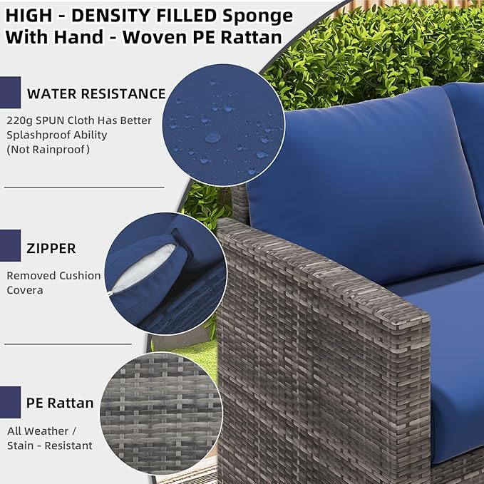 AECOJOY Outdoor Patio Furniture Set with Waterproof Cover, 7 Pieces Clearance Sectional Rattan Dining Table&Chairs, All Weather Wicker Conversation Sofa Couch, Dark Blue Cushions&Grey Rattan