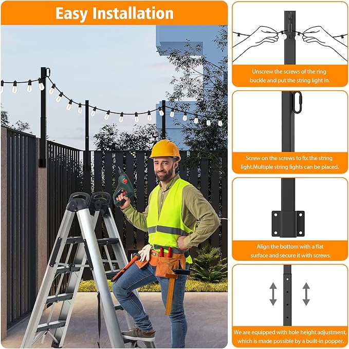 AILBTON 2.6Ft String Light Poles 10 Pack,Light Poles for Outside Lights,Outdoor with Fence Brackets Hanging Lights,Metal Stand Deck Patio Backyard