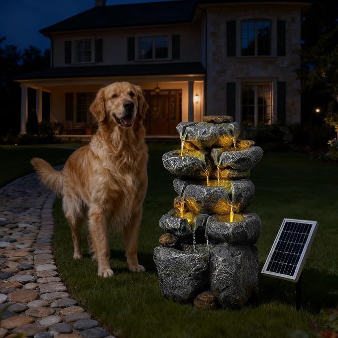 5 Tiered Solar Powered Water Fountain, Solar Water Fountain Outdoor Garden Cascading Rock Water Fall Fountains Outside with Lights for Backyard, Patio, Deck, Porch, 24" H x 13.39" L x 9.6" W