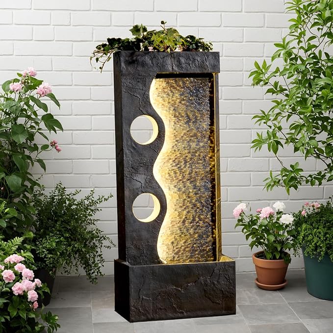 46.8" H Water Fountain Outdoor Water Fall Fountains Indoor Waterfall Modern Fountain with LED Lights Floor-Standing for Outside Garden, Patio, Backyard, Deck, Porch, Landscaping, Balconies