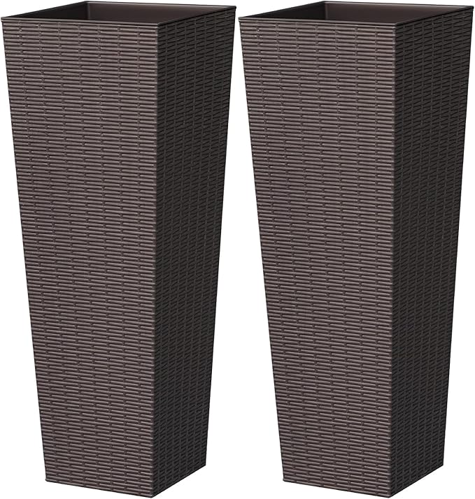 32 Inch Tall Plastic Planters(Set of 2), Detachable Inner Pot & Drainage Holes, Outdoor Decorative Flower Pots for Large Plants, Trees, Patio, and Garden, Brown