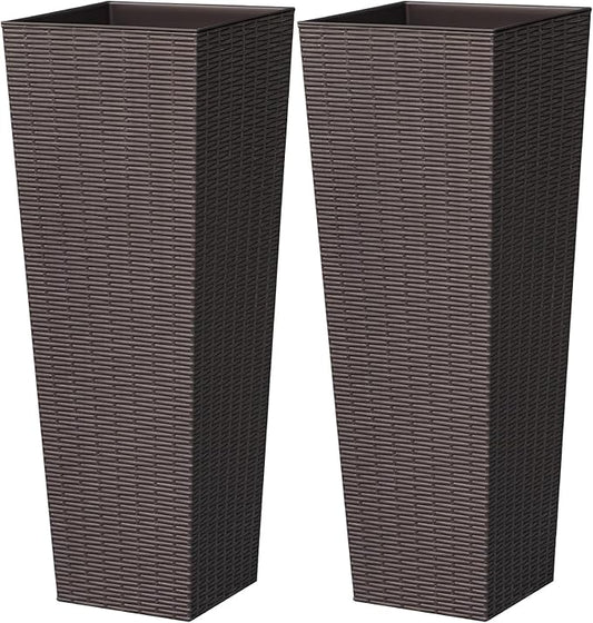 32 Inch Tall Plastic Planters(Set of 2), Detachable Inner Pot & Drainage Holes, Outdoor Decorative Flower Pots for Large Plants, Trees, Patio, and Garden, Brown