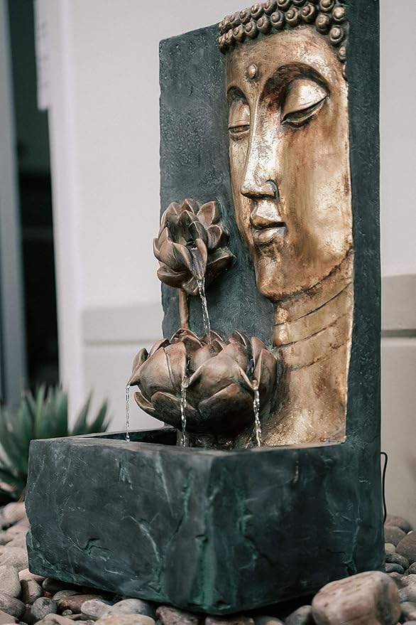 XBrand 30" H Zen Buddha Face Water Fountain w/LED Light & Pump, Indoor/Outdoor Freestanding, Relaxing Zen Décor, Bronze and Natural Grey Polyresin Fountain for Home Patio Garden Backyard