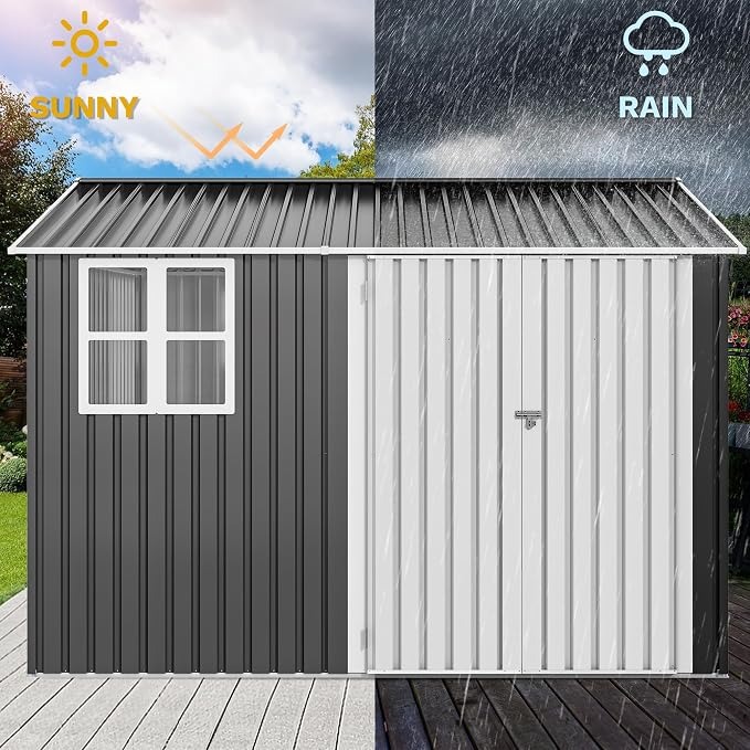 DWVO 10' x 8' Outdoor Storage Shed, Waterproof Metal Garden Shed with Windows, Lockable Doors, and Sloped Roof for Patio, Backyard, Lawn, Tool Storage, Bike Shed, Pet Shelter (Gray + White) - Image 4