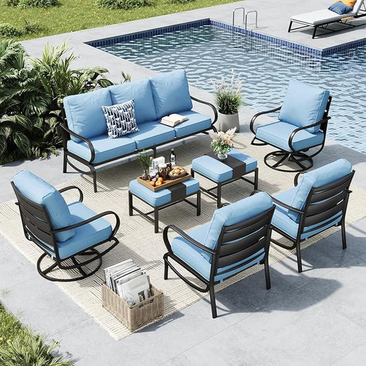MFSTUDIO 7 Pieces Metal Patio Furniture Sets, 2 Swivel Chairs, 3-Seat Deep Seating Sofa, 2 Single Couch and 2 Ottoman, All Weather 9 Seats Outdoor Conversation Set for Garden Backyard, Blue Cushion