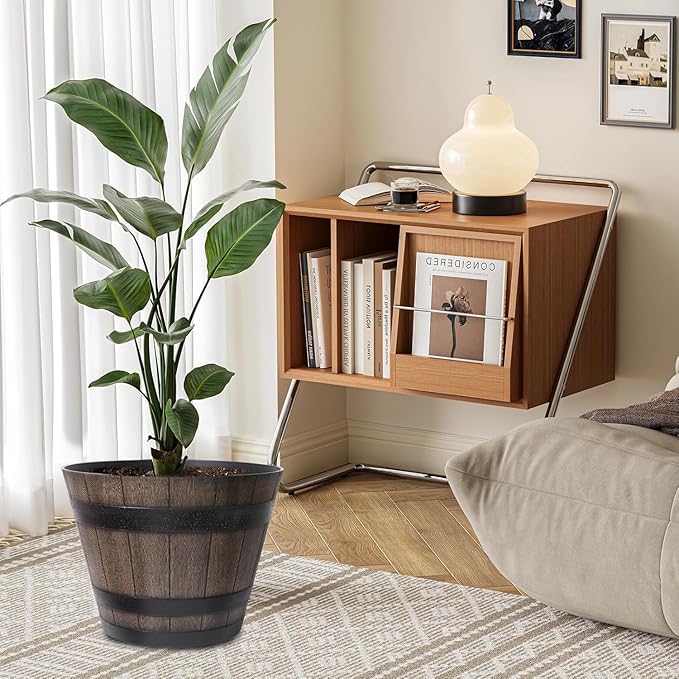 Large Plant Pots, 22.25 Inch 2 Pack Plastic Whiskey Barrel Planters, Big Flower Pots Wine Barrel Design for Outdoor Indoor, Garden, Porch, Patio, Backyard