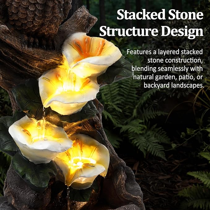 28.3" Tall Outdoor Water Fountain, 4 Tier Cascading Bowls and Stacked Water Fountain with LED Lights, for Yard Décor, Backyard, Patio and Deck (28.3'')
