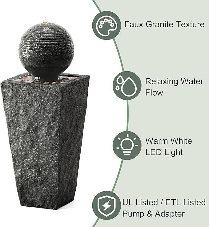 Glitzhome Water Fountain Outdoor with LED Light, Sphere Pedestal Outdoor Fountain, Modern Ball Waterfall Fountains Water Feature for Garden Patio Deck Porch, 31.7”H