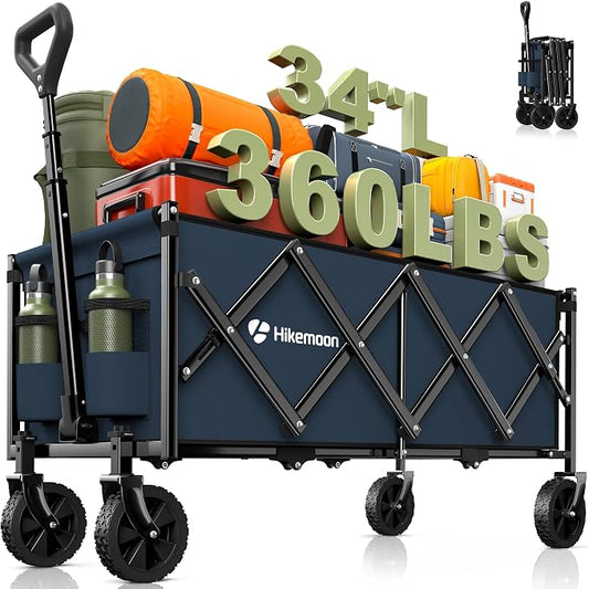 Hikemoon 34'' Extra Long Collapsible Wagons Carts Foldable, 360LBS Heavy Duty Folding Beach Wagon with Wheels, Portable Utility Outdoor Cart for Grocery, Garden, Sports, Camping, Blue by Unknown