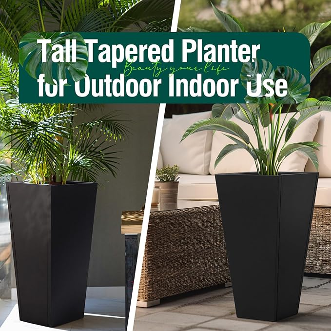 Tall Tapered Planter Front Porch Metal Flower Plant Pot Black 26 in Indoor Outdoor Galvanized Steel Modern Planter for Garden Patio Grande Plant Tree Commercial Residential