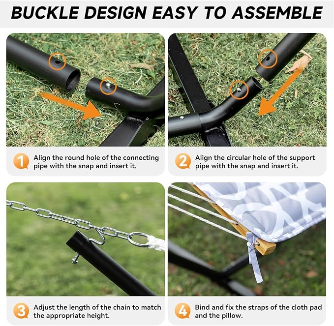 Everyfun 2 Person Outdoor Hammock with Stand, Cotton Rope Hammock with Polyester Pad, Adjustable Steel Frame, Portable with Carrying Bag – for Patio, Backyard, Garden, Beach, White-Gray - Image 5