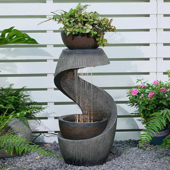 31.9" S-Shaped Outdoor Water Fountain with Lights – Resin Waterfall Fountain Outdoor with Planter Bowl, Modern Grey Garden Water Feature for Patio, Balcony, Yard, Home Decor