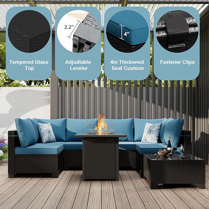 8 Piece Outdoor Patio Conversation Furniture Sets Sectional Wicker Set with 28in Fire Pit Table, 50000 BTU Propane Firepit for Garden Lawn Pool or Backyard, Coffee and Peacock Blue