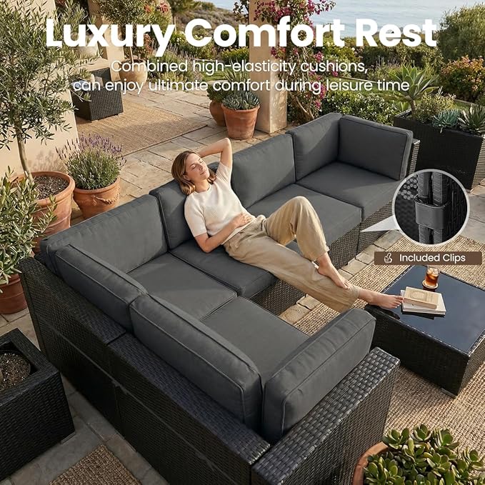 8 Pieces Patio Furniture Set with 44" Propane Gas Fire Pit Table, Outdoor Sectional Wicker Conversation Sofa Sets with Coffee Table