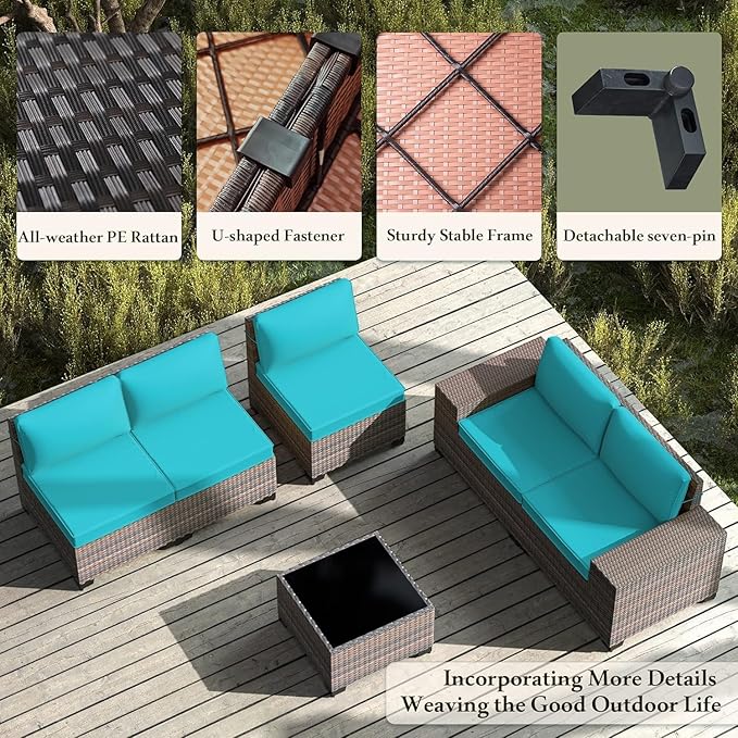 6 PCS Outdoor Patio Furniture Set,Outdoor Sectional Furniture All Weather PE Rattan Wicker Patio Conversation Set with Coffee Table and 5 Thickened Cushions,Turquoise Blue