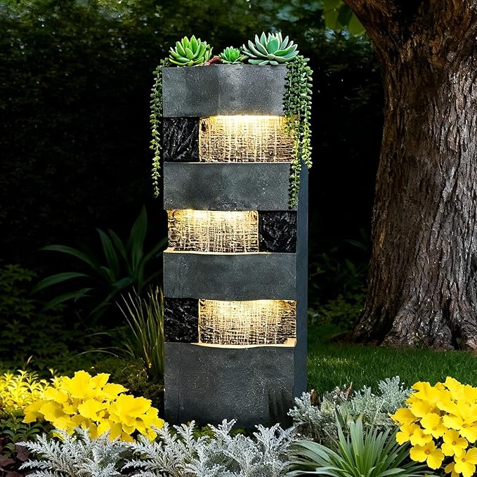40.5''H Garden Water Fountain Outdoor,4 Tiered Floor Standing Waterfall Outdoor Fountains with LED Lights for Garden, Patio, Backyard, Deck, Porch and Home Art Decor