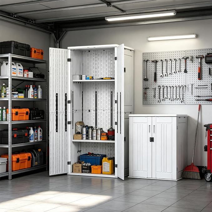 ZYJOYY Outdoor Storage Cabinet with 4 Shelves, 31.5" x 23.23" x 66.22" White Waterproof Resin Vertical Tool Shed, Lockable 30 cu.ft. Storage Shed for Patio, Garden, Yard - Image 8