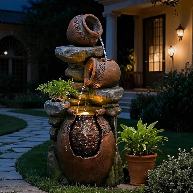 Outdoor Garden Water Fountain for Garden, Patio, Backyard, Deck, Porch and Home Art Decor, 3 Tiers Modern Cascading Outdoor Fountain with Lights 38.4" H