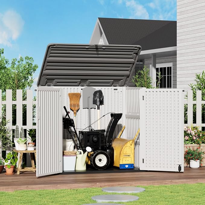 ZZM Large Outdoor Storage Shed, 48 Cu Ft Resin Versatile Storage Cabinet for Patio Accessories, Trash Cans & Garden Tools, Durable Horizontal Storage Box with Lockable Lid (White) - Image 3