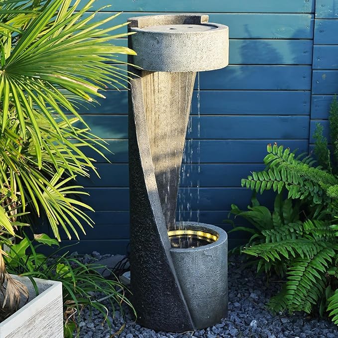 35" Modern Outdoor Patio Water Fountain & Rainfall Feature – Resin Garden Waterfall Fountain with Light Spiral Indoor Water Feature for Patio, Yard, Porch Decor – Gray