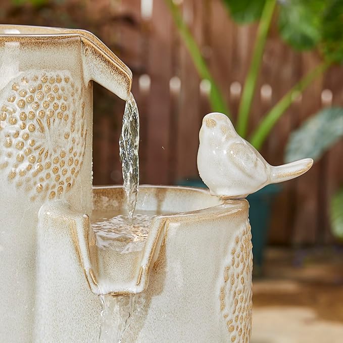 Glitzhome Water Fountain Outdoor with LED Lights, 4-Tier Vase Shaped Ceramic Outdoor Fountain, Dandelion Glaze Water Fountains Feature for Garden Backyard Patio, Sand Beige, 31.7”H