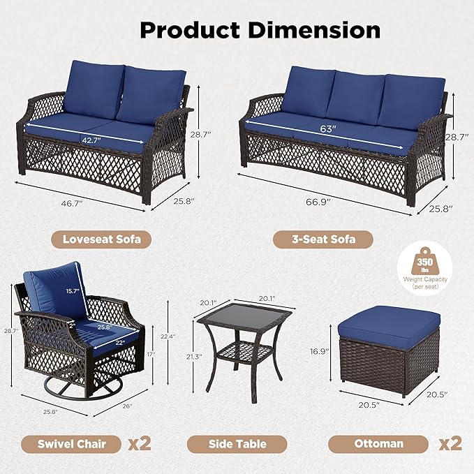 HOMREST 7 Piece Patio Furniture Set, Wicker Outdoor Conversation Sofa Set with Swivel Chairs, 2 Ottomans, Glass Side Table, Rattan Outdoor Sectional for Deck Backyard Porch （9 Seats, Navy Blue