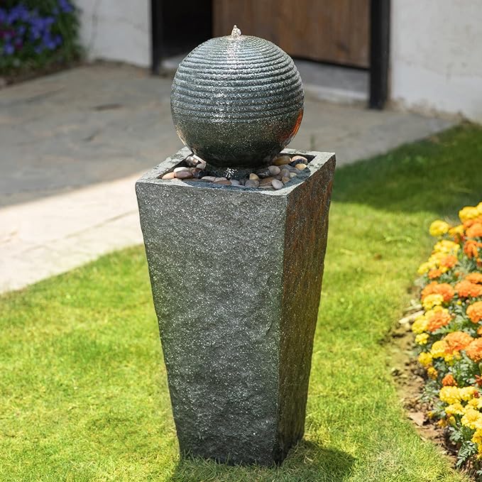 Glitzhome Water Fountain Outdoor with LED Light, Sphere Pedestal Outdoor Fountain, Modern Ball Waterfall Fountains Water Feature for Garden Patio Deck Porch, 31.7”H