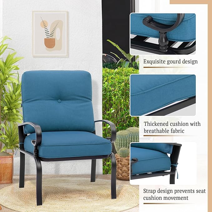 5 Pcs (6 Seats) Outdoor Patio Furniture Conversation Sets, Glider, Loveseat and Coffee Table, 2 Lounge Chairs with Cushions (Peacock Blue)
