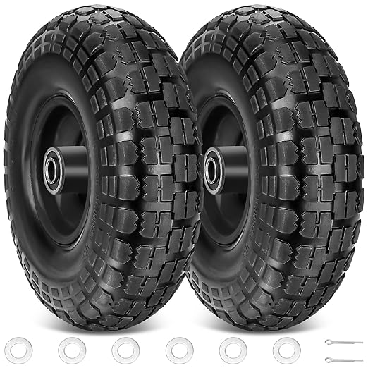 TICONN 10" Solid Tires, 2 Pack Flat Free 4.10/3.50-4'' Wheels with 5/8” Axle Bore Hole and Double Sealed Bearings (Black, 2PK) by TICONN