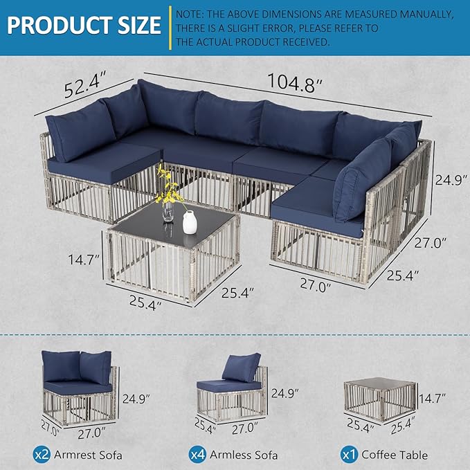 FHFO 7 Pieces Outdoor Patio Furniture Set, Wicker Outdoor Sectional Conversation Couch Set with Adjustable Backrest Sofa, Thick Cushion & Coffee Table for Garden, Porch, Poolside, Grey/Blue