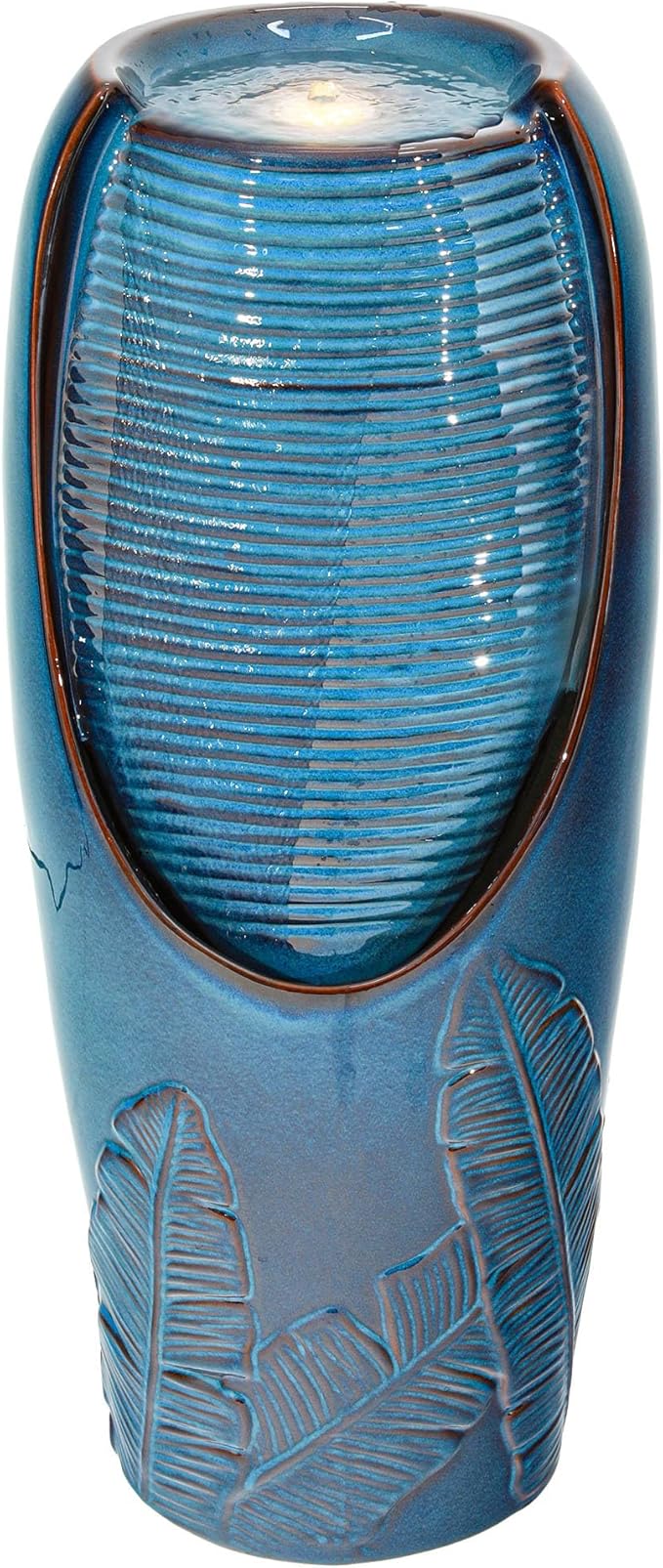 32" H Outdoor Garden Fountain with LED Lights, Modern Ceramic Jar Water Feature, Tropical Leaf Embossed Pattern, Teal Blue Glaze, Soothing Cascading Waterfall for Patio, Yard, Porch
