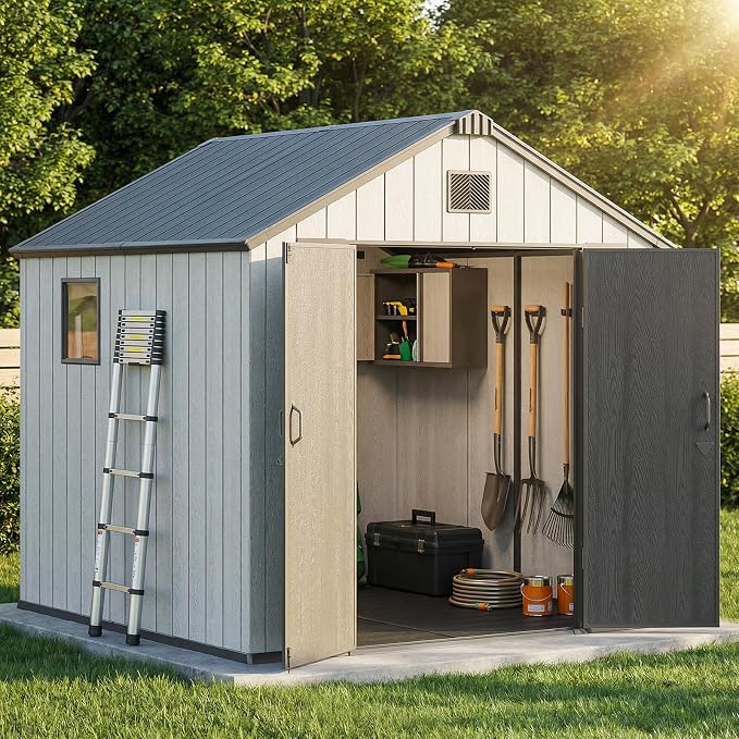 Jocoevol Outdoor Storage Shed, 8x8FT Resin Shed with Floor/Windows/Lockable Door/Vents, 15mm Thickened Heavy Duty All-Weather Garden Tool Shed for Backyard, Patio, Lawn, Gray - Image 9