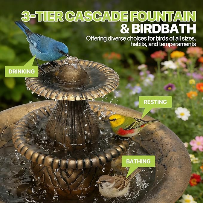 Magshion 37" Tall 3-Tier Outdoor Water Fountain, Pedestal Bird Bath for Outside, Cascading Water Feature and Birdbath for Garden, Patio, Deck, and Backyard, 1.3-Gallon (5L) Capacity, Bronze